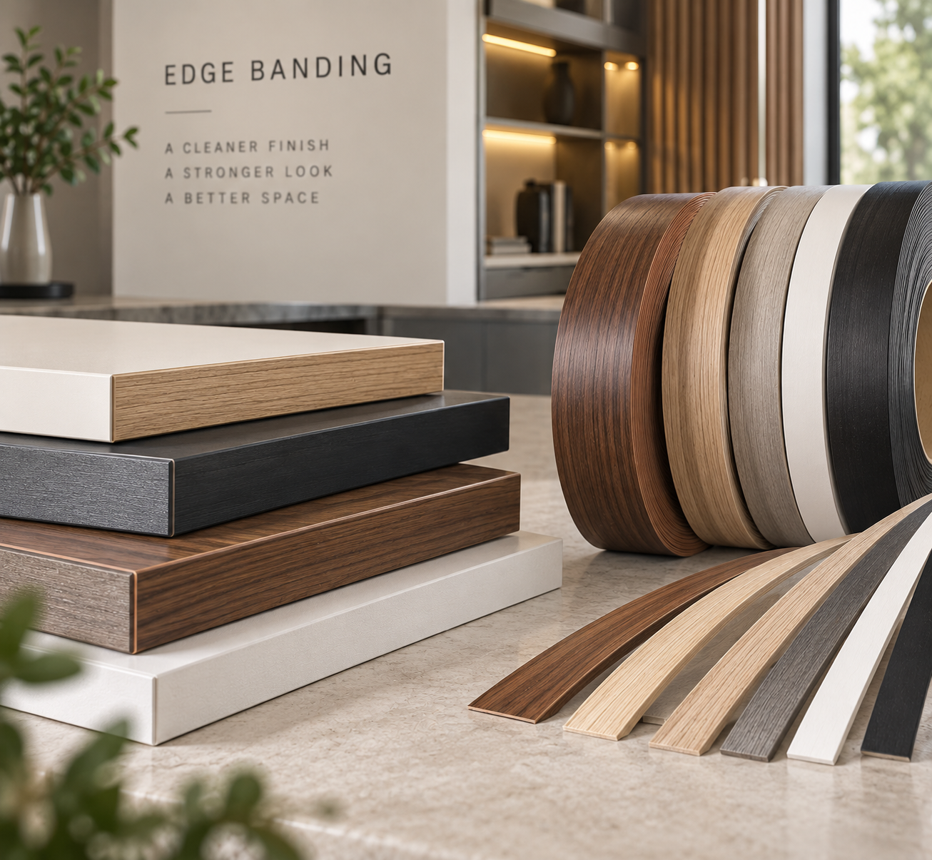 Edge banding finishes for furniture and cabinetry panels