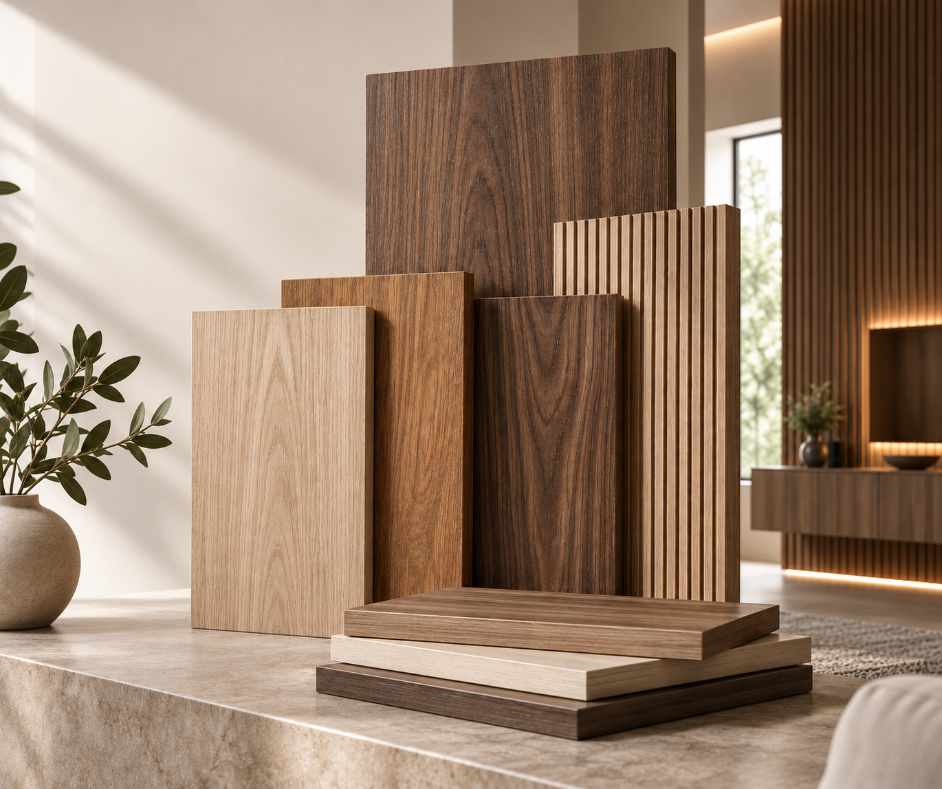Contemporary interior with wood-look wall panels and fitted cabinetry