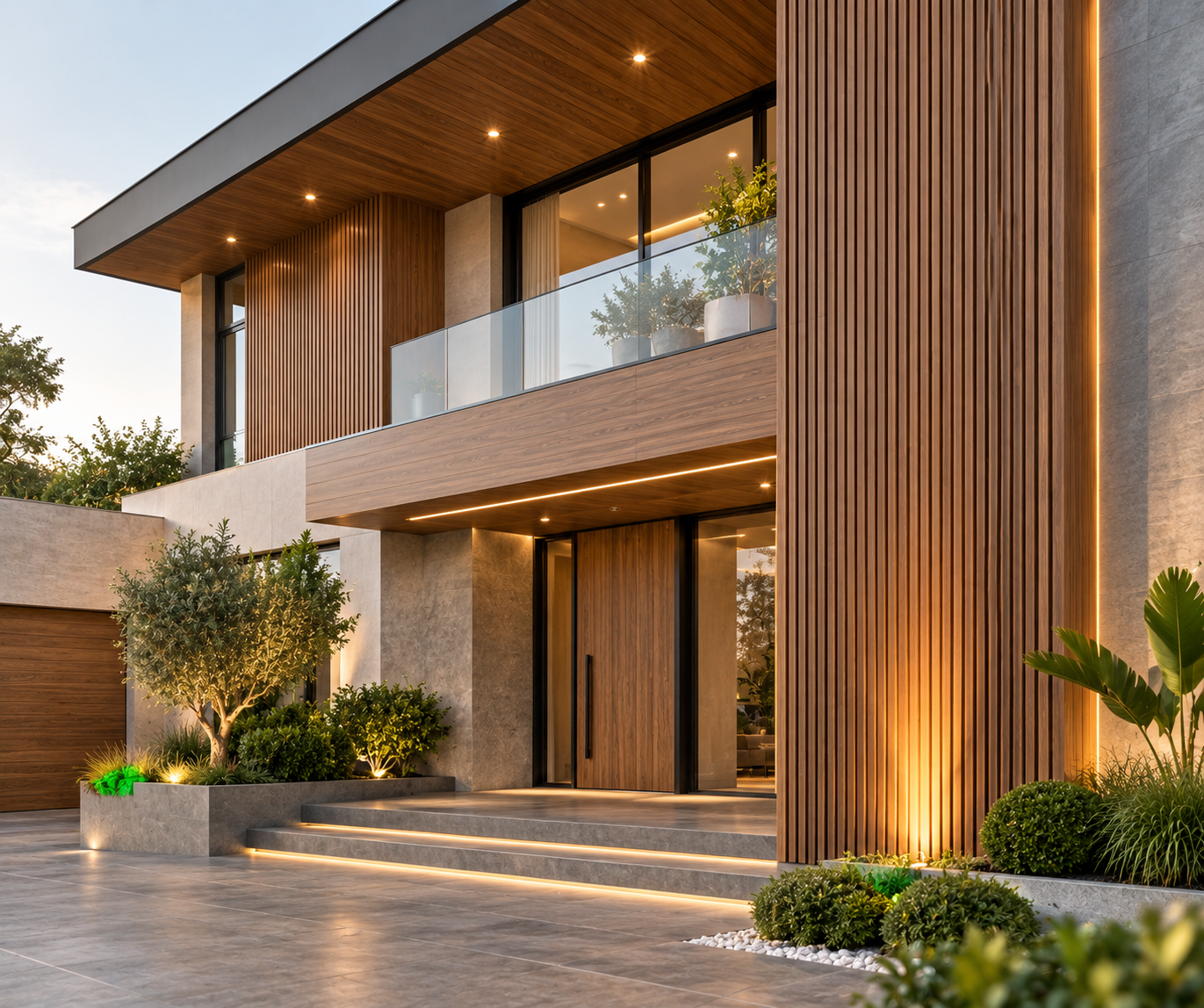 Contemporary exterior with wood-look architectural cladding