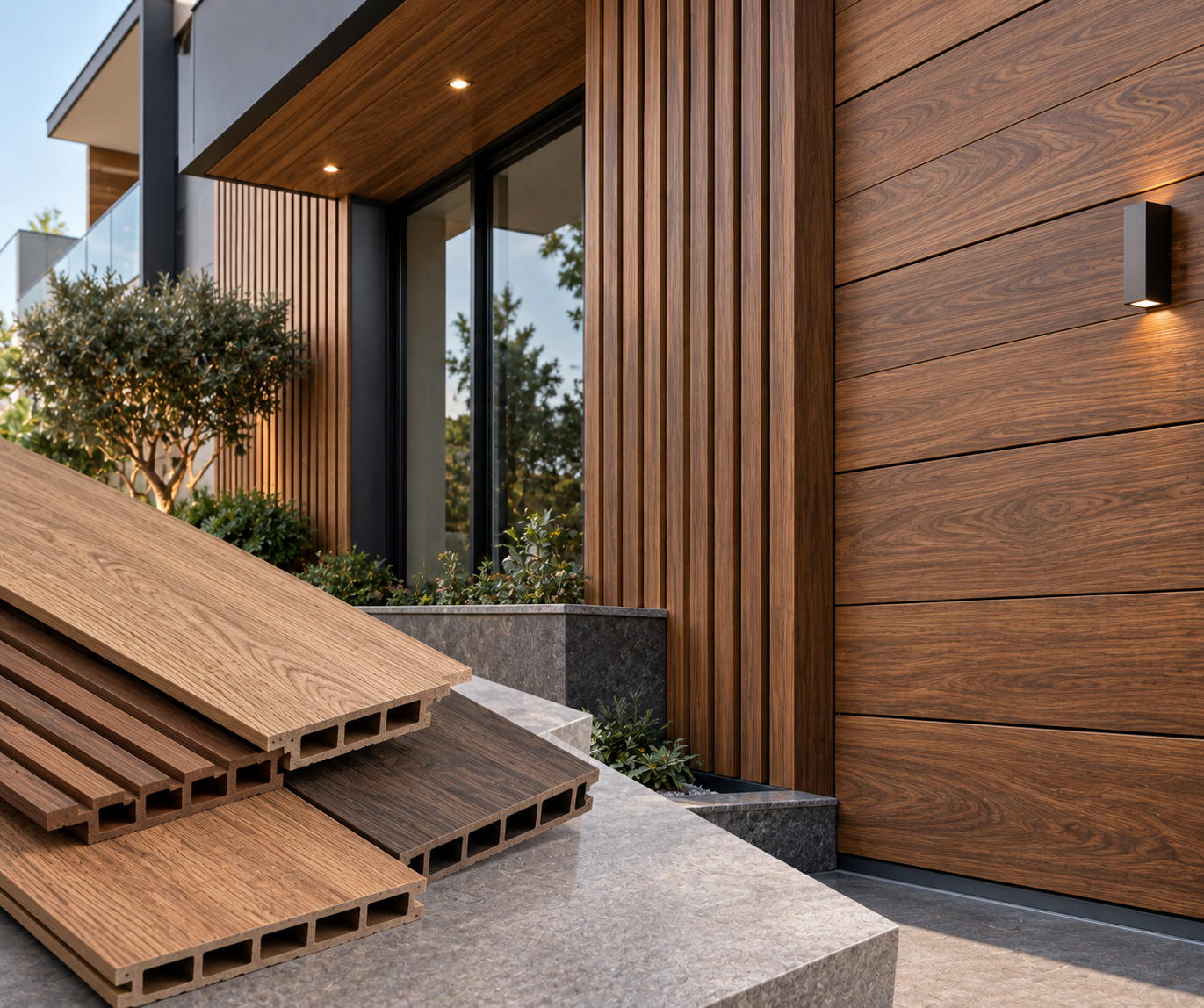 Wood-look exterior cladding panels and architectural wall finishes