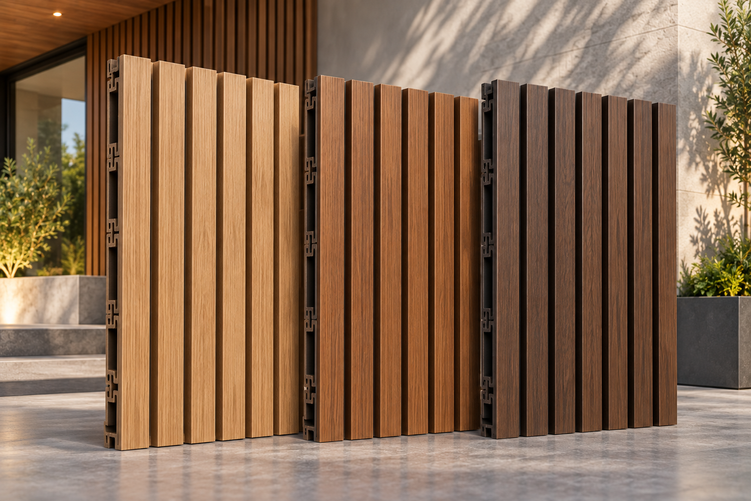 Vertical slatted exterior artificial wood cladding panels