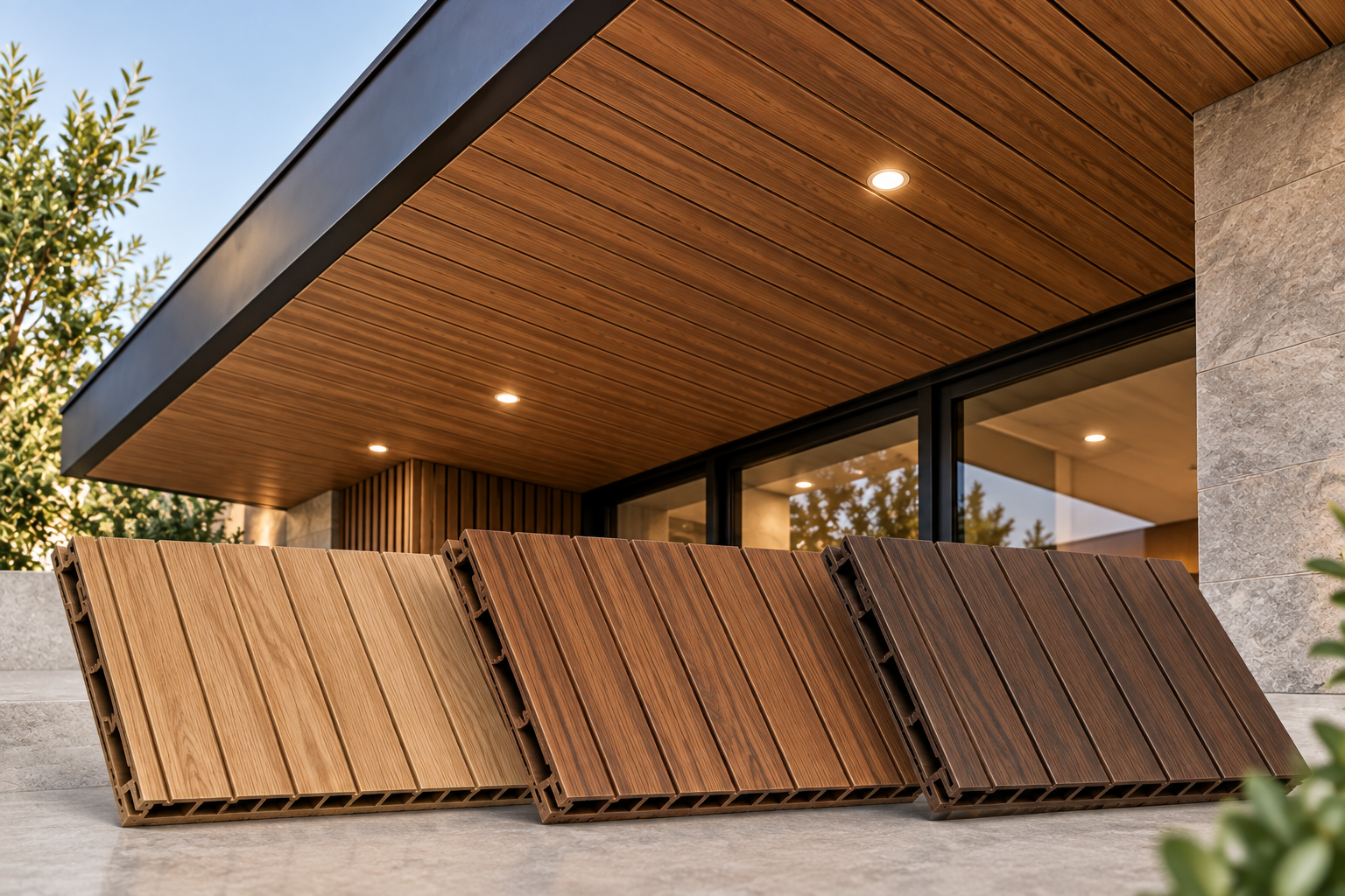 Wood-look soffit panels used in a contemporary exterior