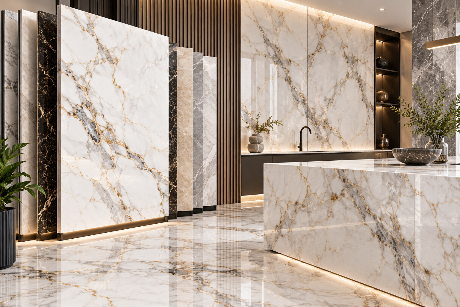 Artificial marble slabs and marble-finish interior surfaces
