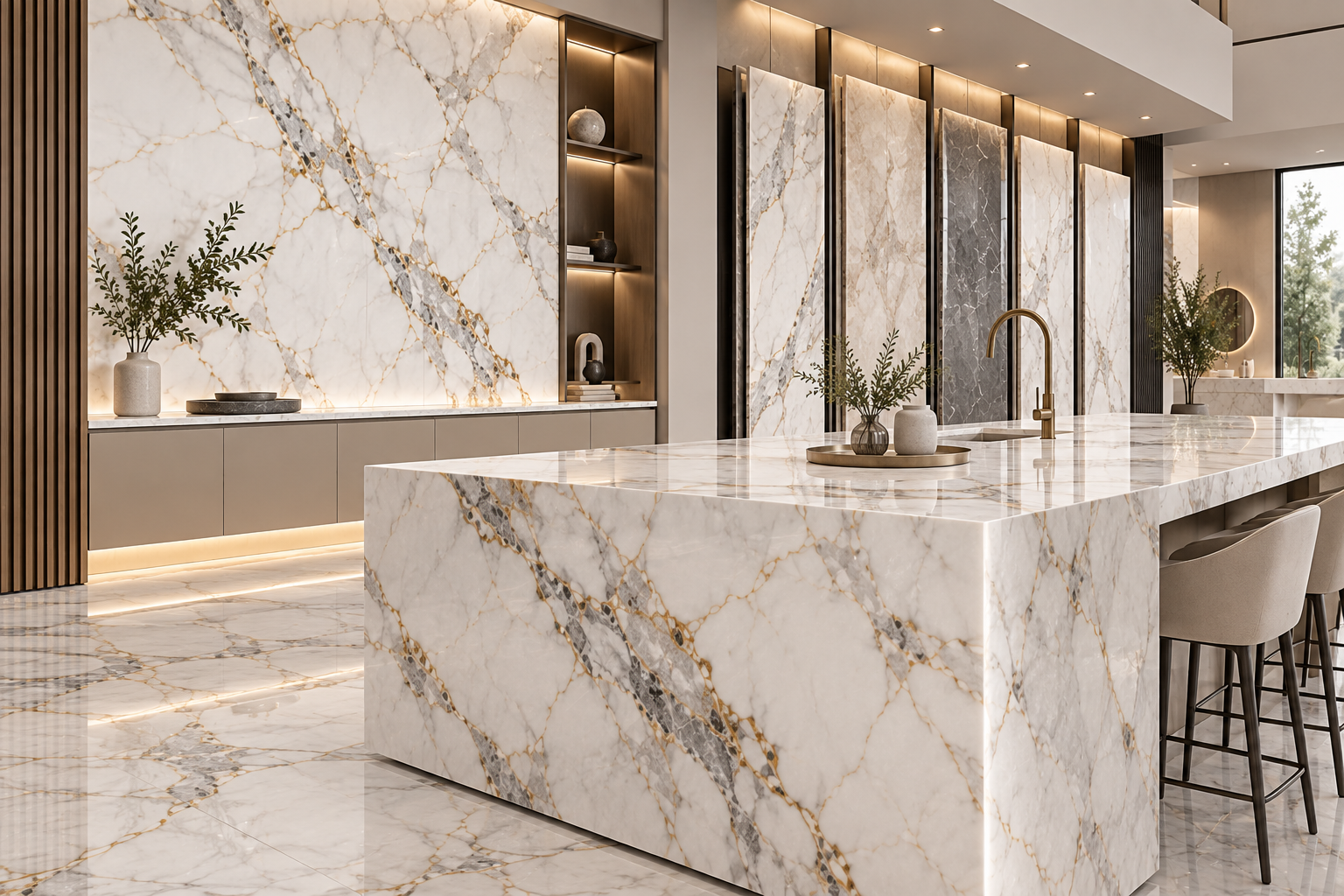 Artificial marble surfaces displayed in a contemporary interior