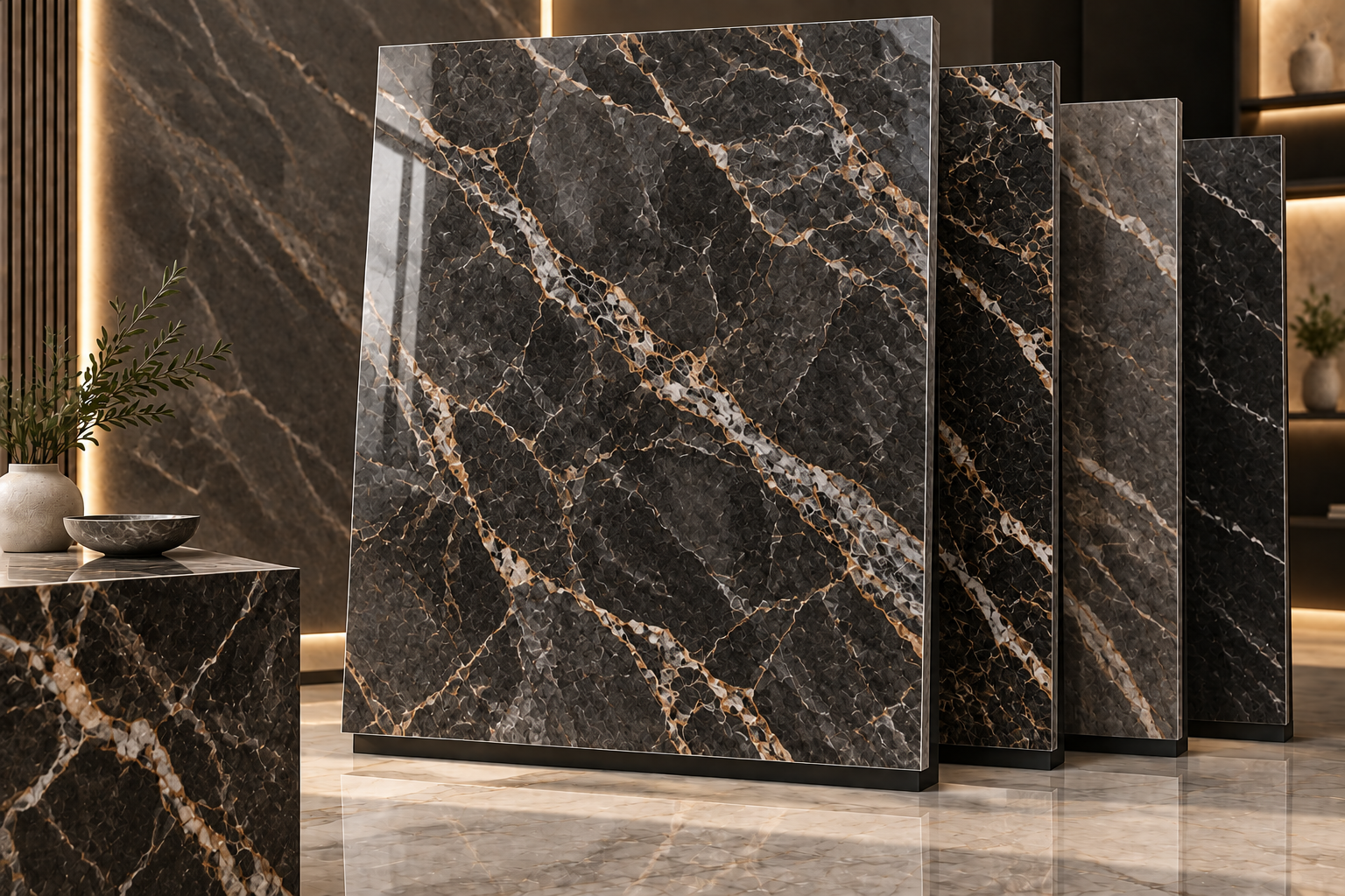 Dark artificial marble slabs with contrasting decorative veining