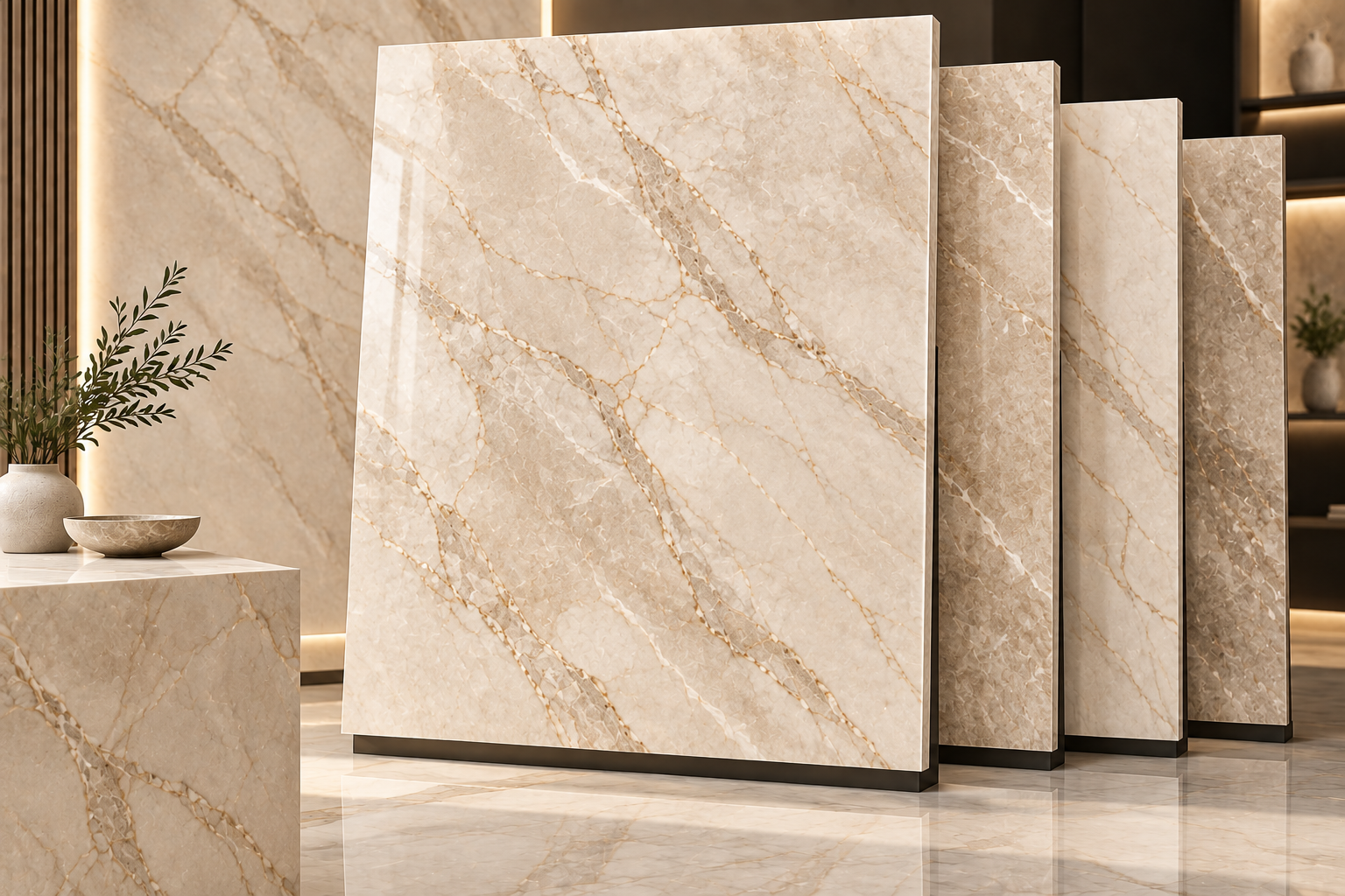 Beige artificial marble slabs with warm neutral veining