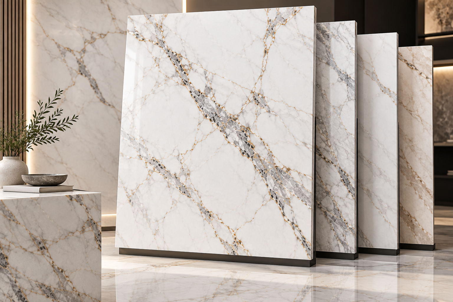 White artificial marble slabs with decorative veining