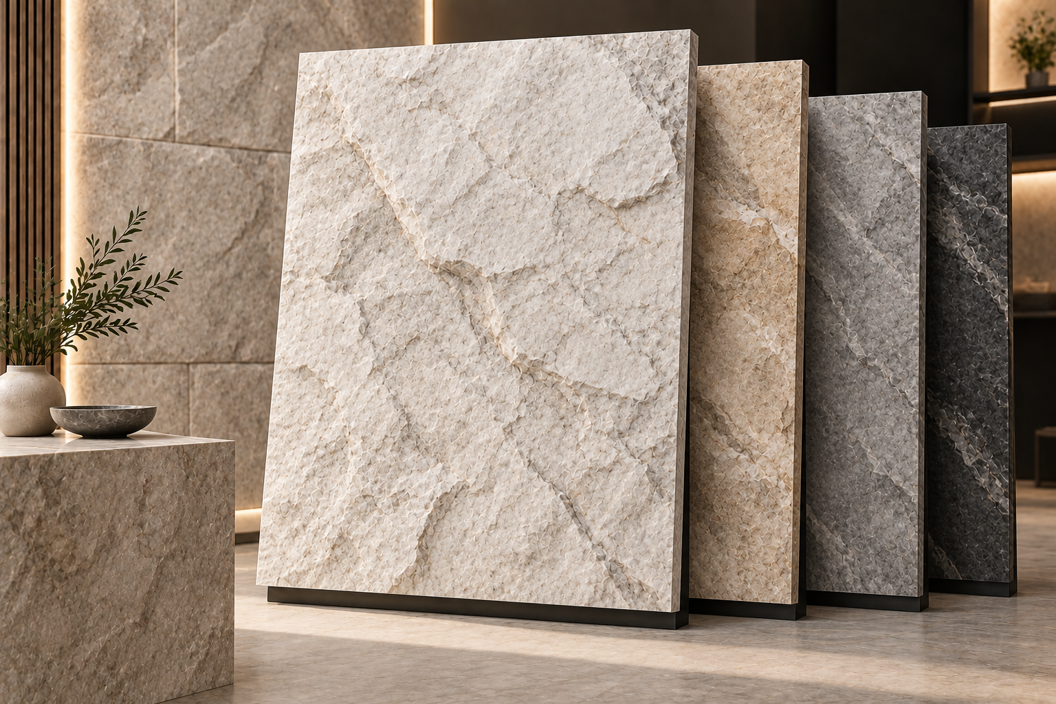 Artificial stone decorative surface slabs in a premium showroom