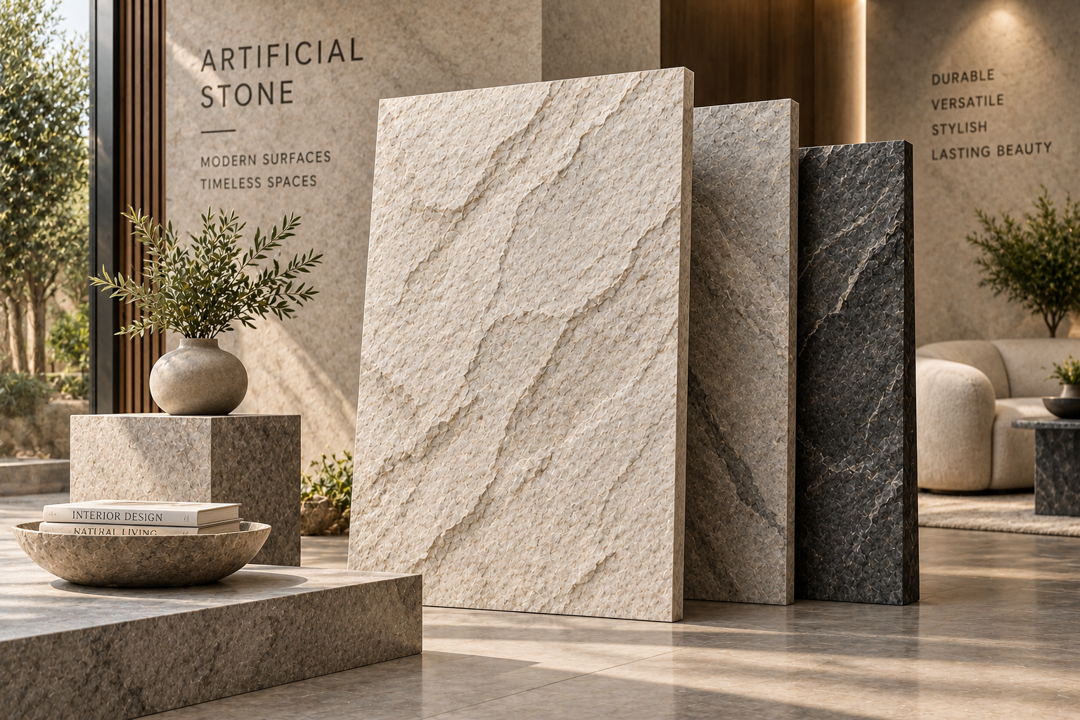 Artificial stone decorative slabs in different neutral finishes