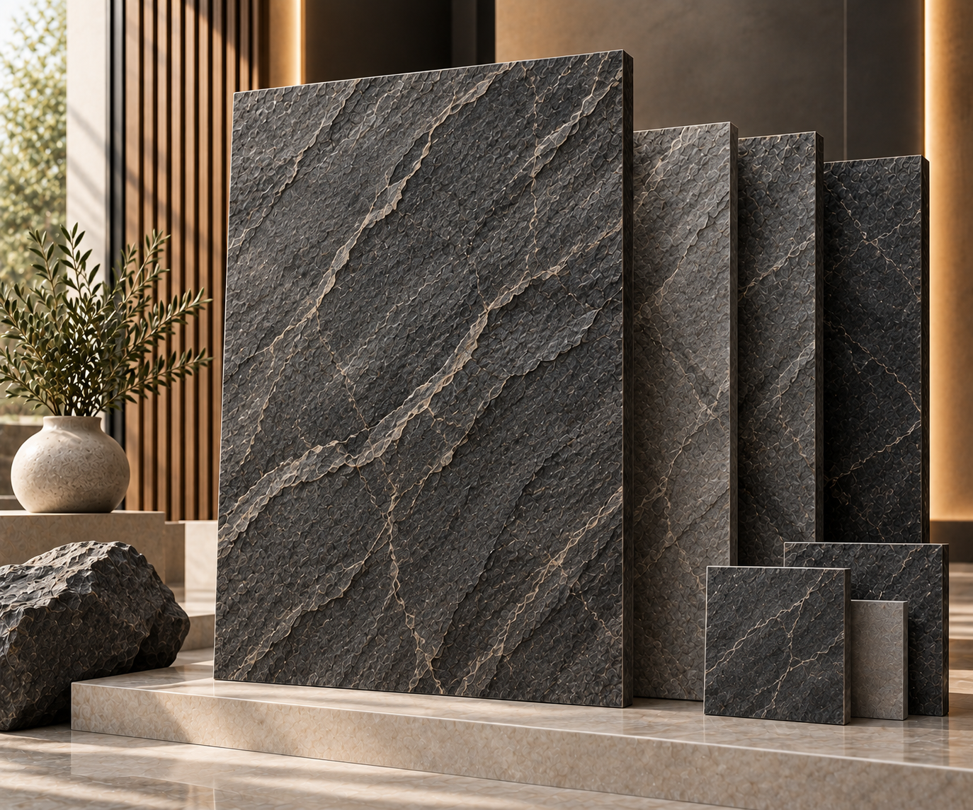 Dark artificial stone slabs with deep charcoal textured finishes