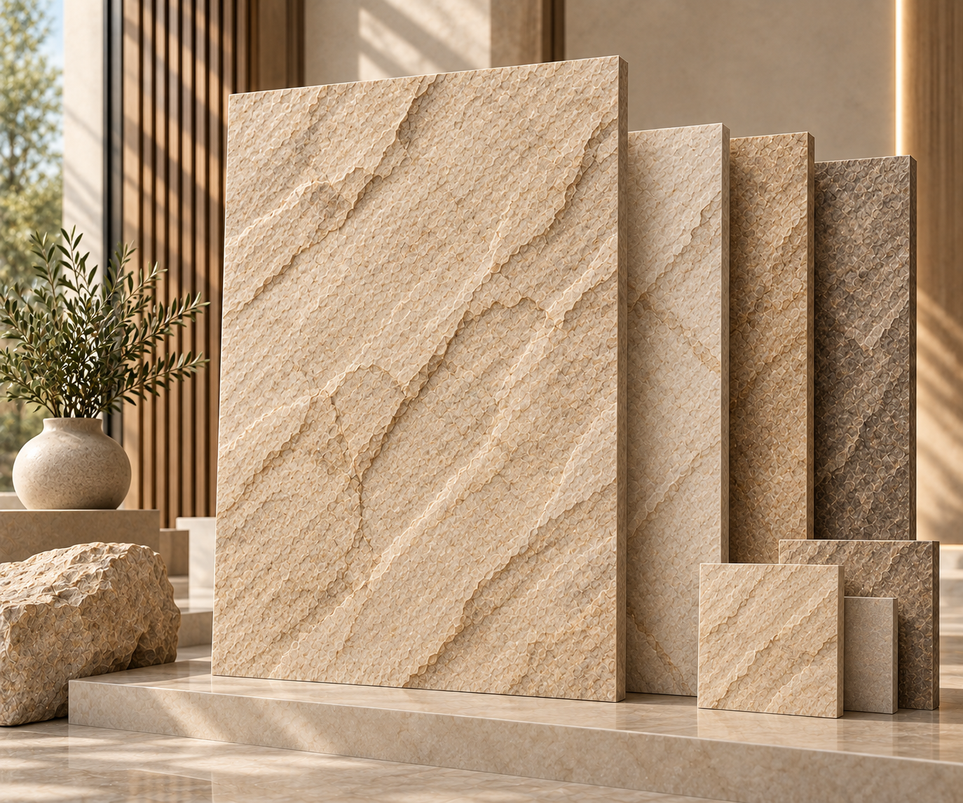 Beige artificial stone slabs with warm sandy textured finishes