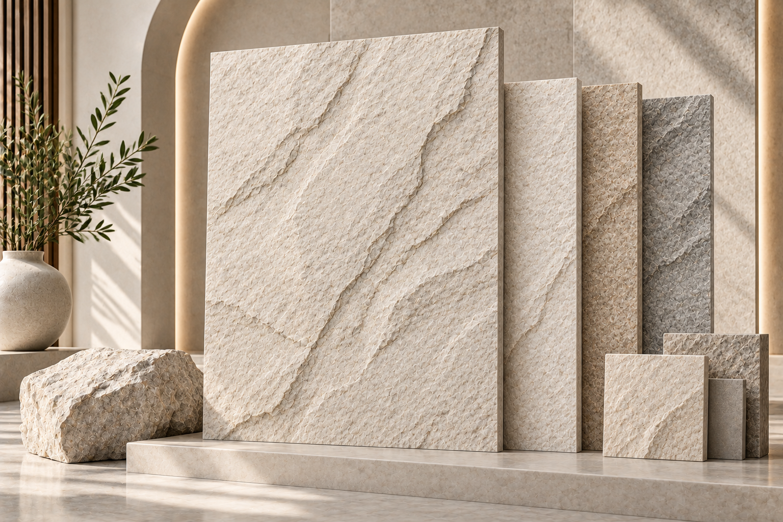 Light artificial stone slabs in soft ivory and neutral finishes