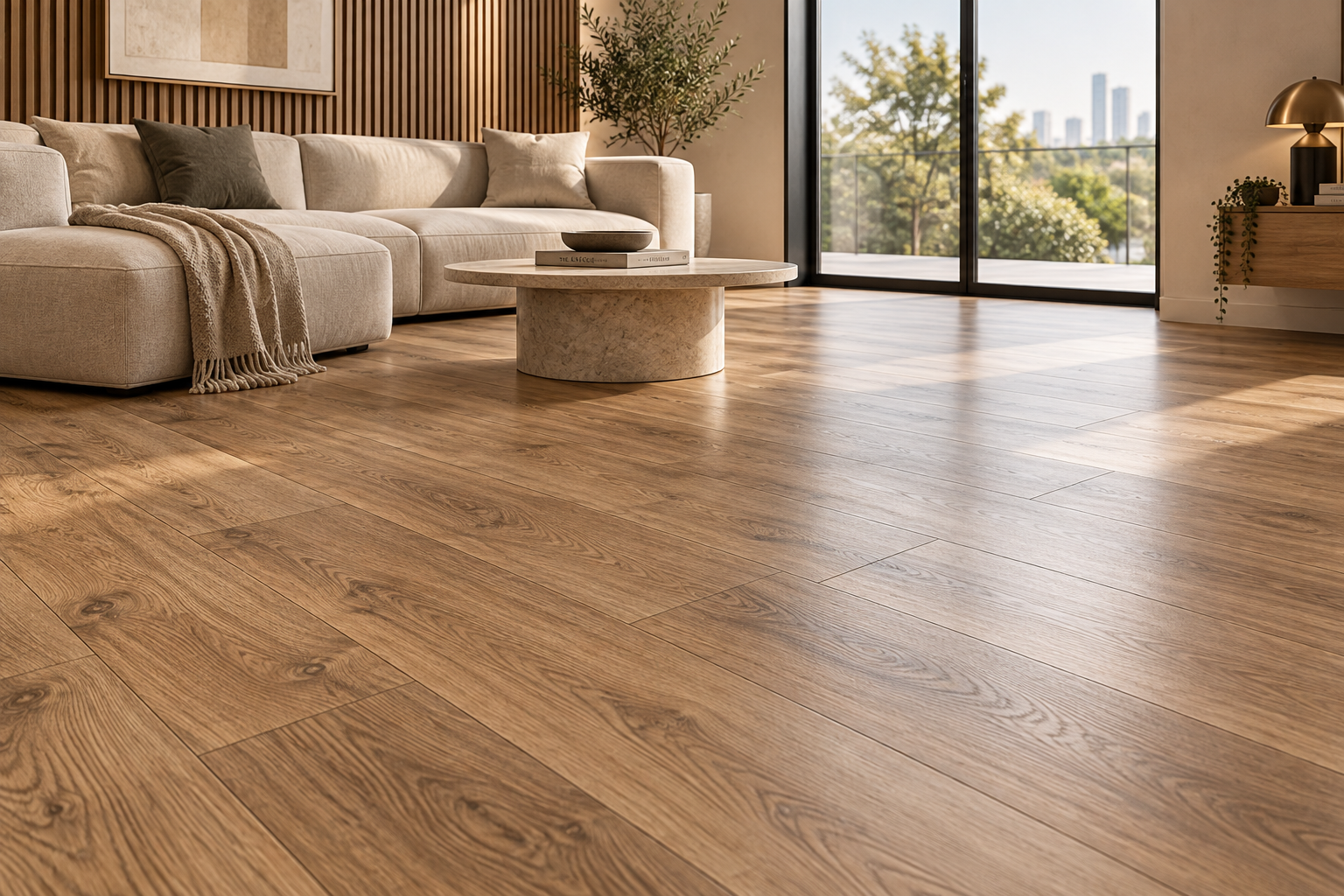 Warm wood-look lamination flooring in a modern living room
