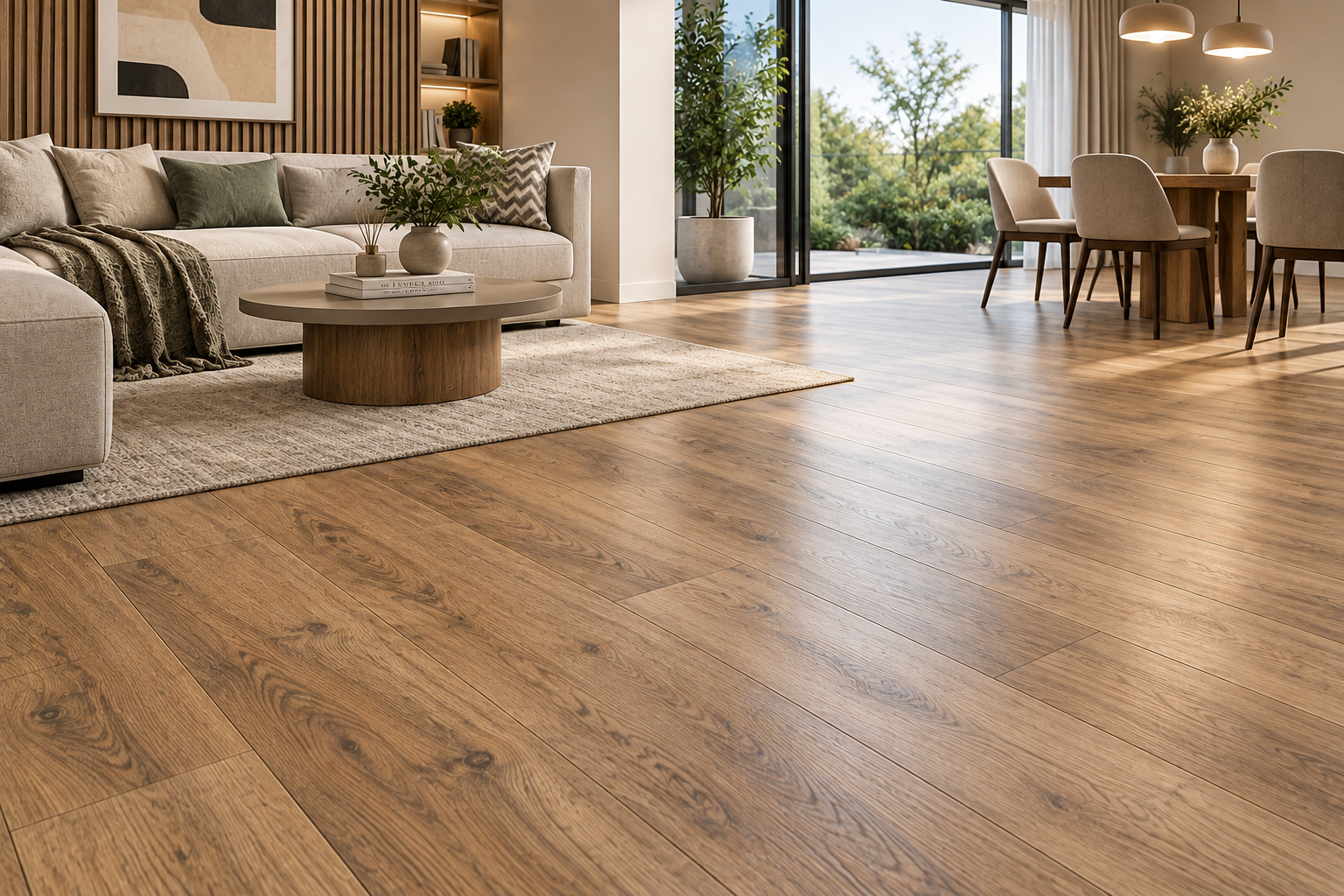 Wood-look lamination flooring in a modern living and dining room
