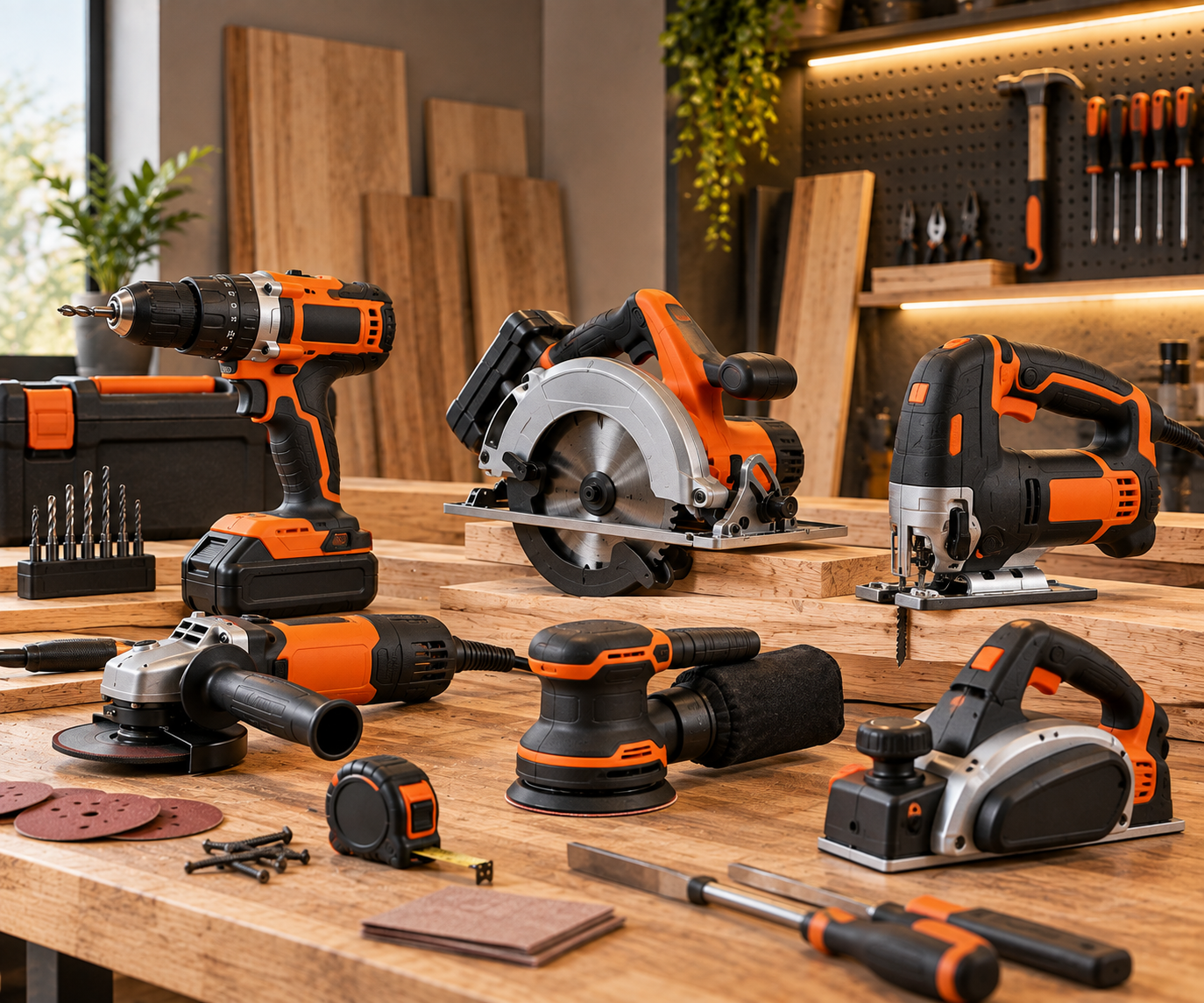 Power tools arranged for workshop and installation work