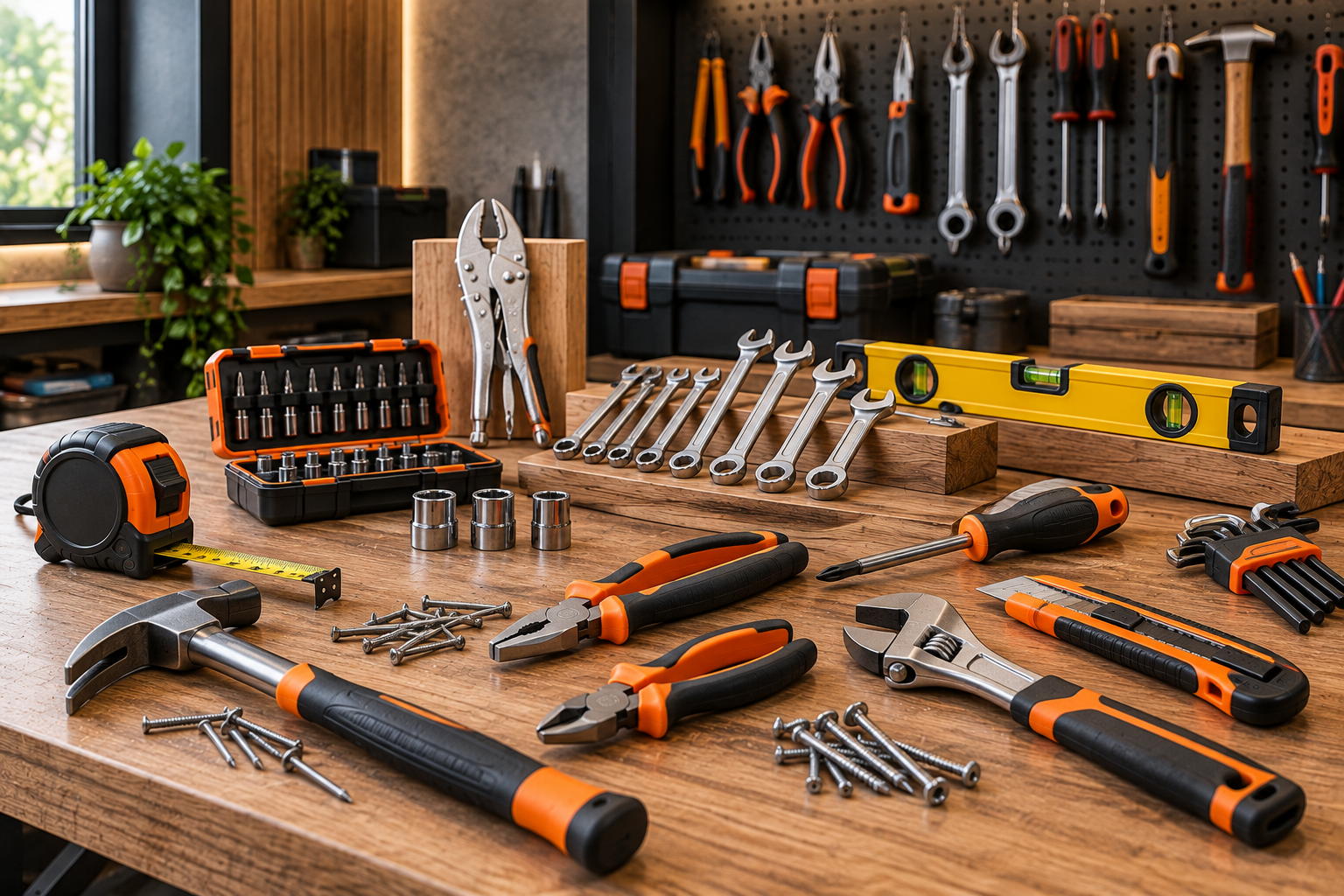 Hand tools arranged on a workshop workbench