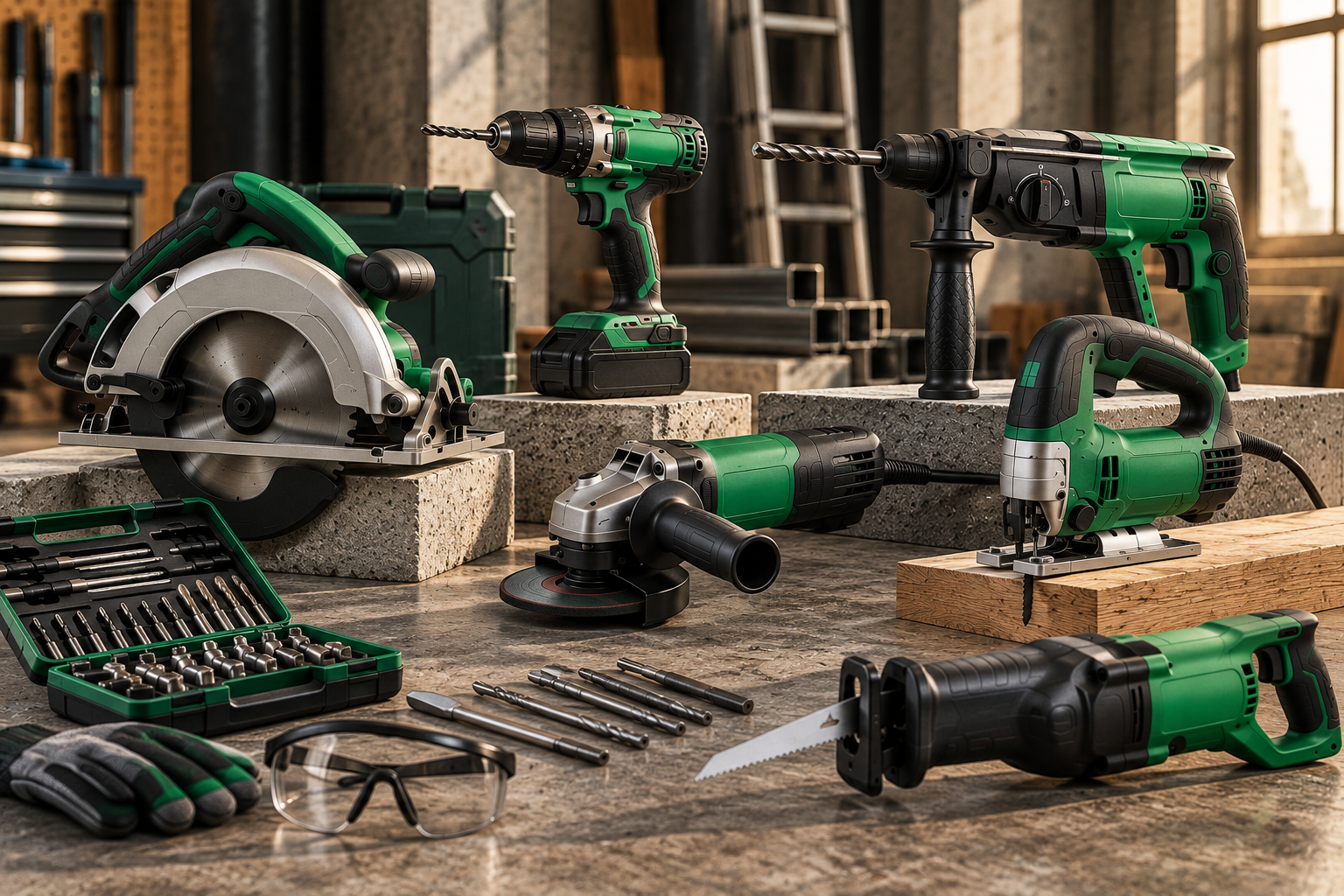Hitachi Japanese Made power tools arranged for workshop applications