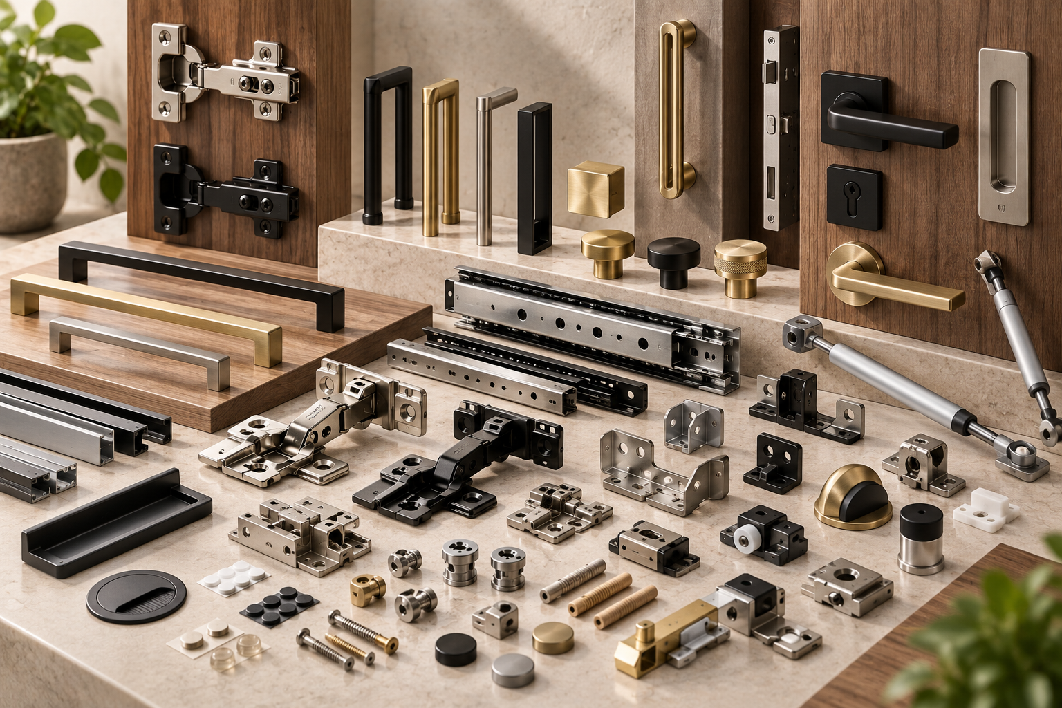 Furniture hardware including hinges, handles and cabinet fittings