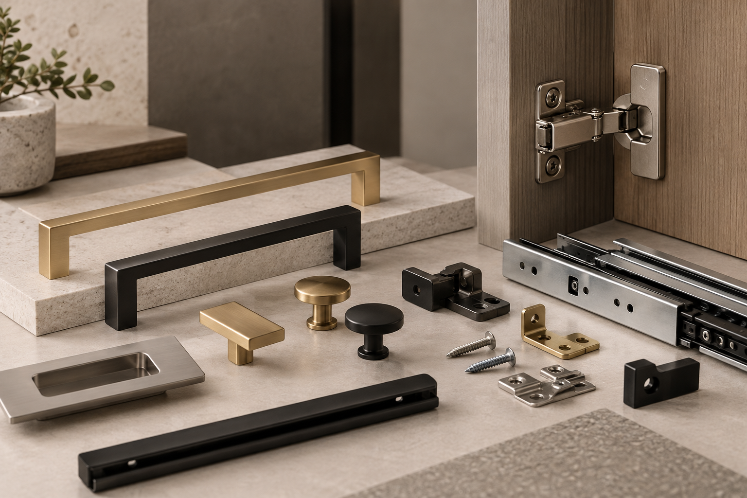 Furniture hardware, cabinet hinges, drawer fittings and handles