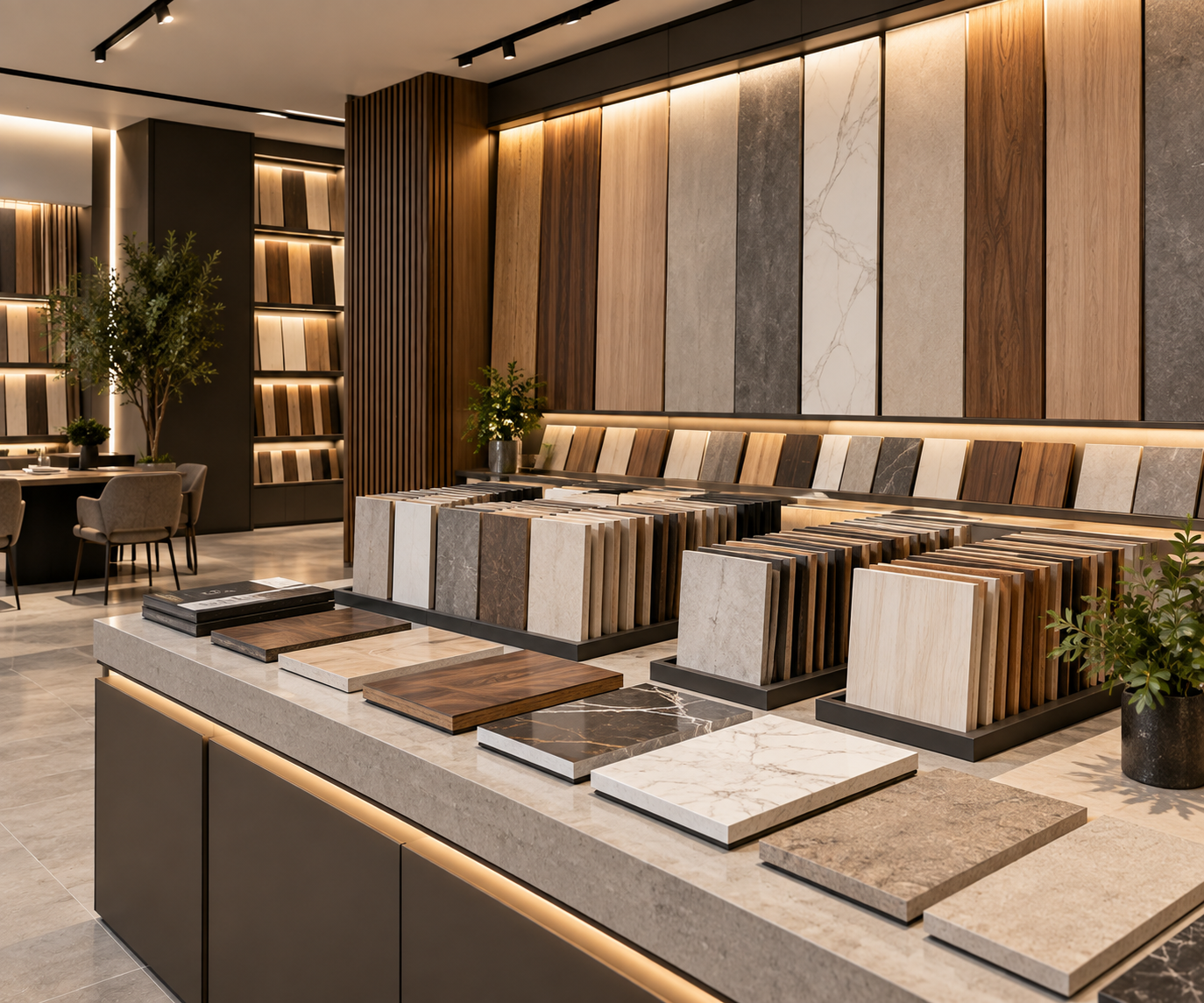 Premium decorative materials showroom with MDF panels, wood finishes and Al-Noor Lasani displays